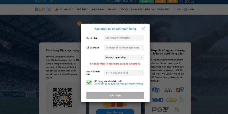 Hướng dẫn nạp tiền chơi cá cược tại KUBET